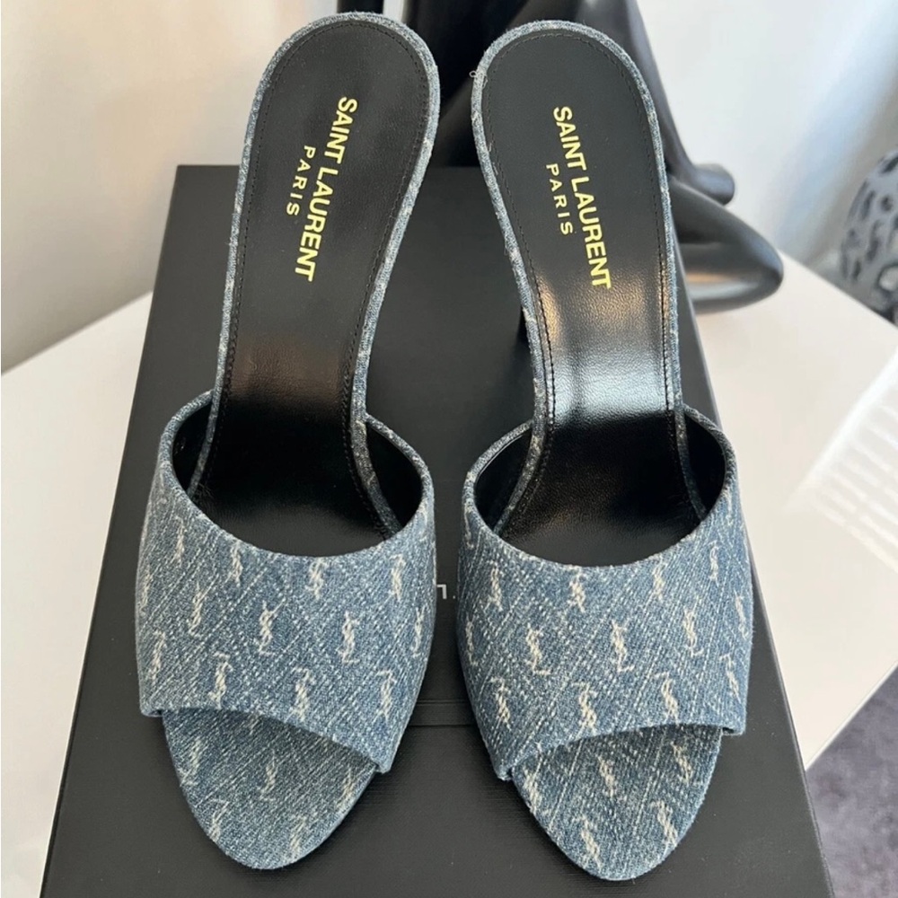 Saint Laurent YSL 39 Denim Jeans Monogram Mule Slide Sandals Heels New With Box!